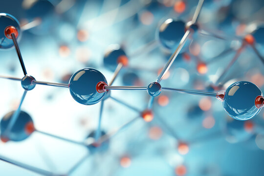 Blue water molecules in crystal lattice structure. Macro view of molecular arrangement forming liquid droplets.