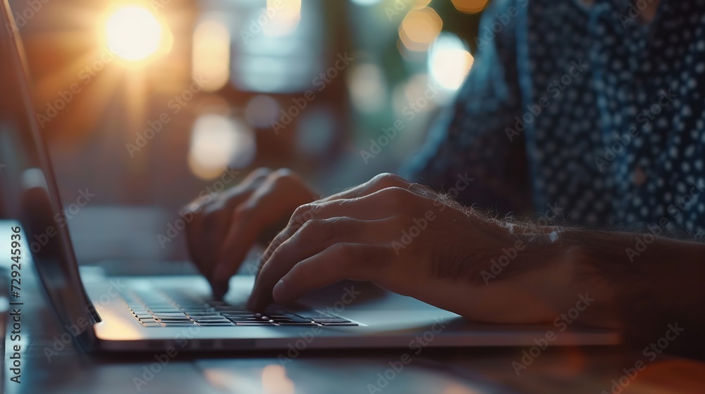 Aufkleber Close-up photo of male hands with laptop. Man working remotely at home. Concept of networking or remote work. Global business network. : Generative AI
