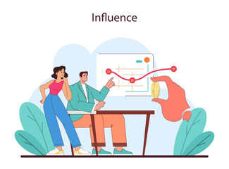 Influence concept. Team members scrutinize trends and assess the impact of decisions, symbolizing the power of strategic influence in business. Flat vector illustration.