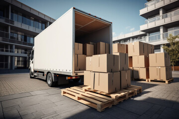 A truck full of moving boxes and furniture. Moving service concept.