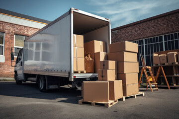 A truck full of moving boxes and furniture. Moving service concept.