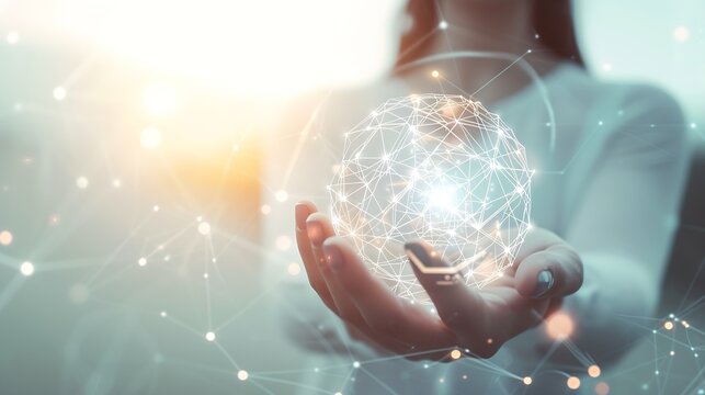 Metaverse Virtual Technology.Woman hand holding global network connection. Internet communication, Wireless connection technology. Futuristic technology with polygonal shapes. : Generative AI