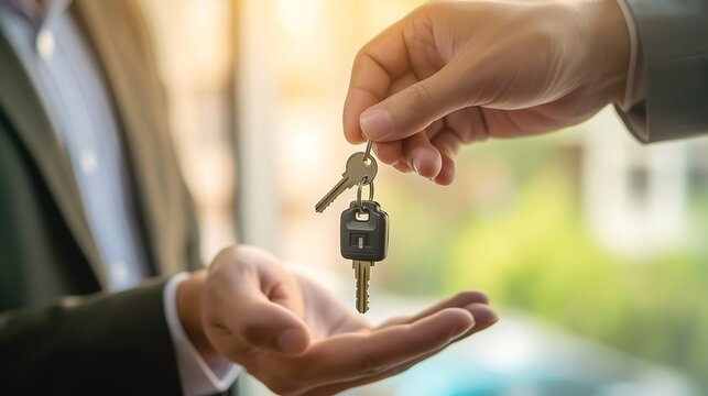 Businessman, insurance sales agent handing over house and car keys to customer in trading or renting in mutual agreement at security concept office housing investment. : Generative AI