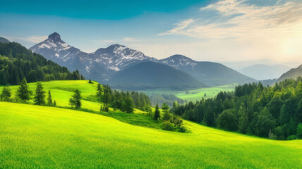 Obraz premium Very beautiful mountain and natural views in the morning, with nice green grass