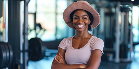Fitness African American coach muscled woman personal trainer in t-shirt and hat in sport club interior. Getting fit healthy resolutions. Summer sale gym discount off free deal concept - obrazy, fototapety, plakaty