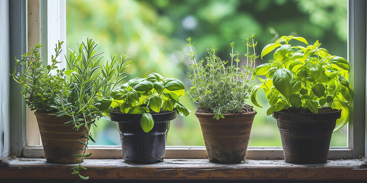 Fresh green herbs, basil, rosemary and coriander in pots placed on a window frame