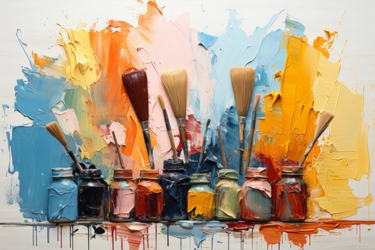 Art brushes smeared with paint are in jars, on a background covered with multicolored oil paints