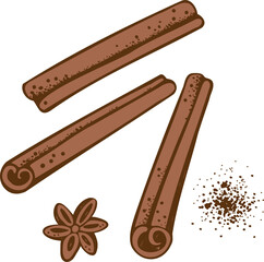Cinnamon sticks bark brown spice sketch hand drawn vector illustration. Set with engraved rolled cinnamons design background with Spicy seasoning condiment aromatic ingredient for oil, cooking, baking