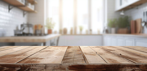 empty wooden tabletop on blurred background of light kitchen