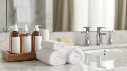 Fototapeta na wymiar High-quality travel-sized toiletries aligned on a marble bathroom counter next to plush white towels, indicative of the attention to detail and luxury in hospitality or spa settings
