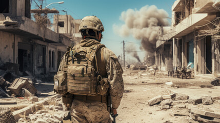 Fototapeta premium Soldiers on the street, shelling