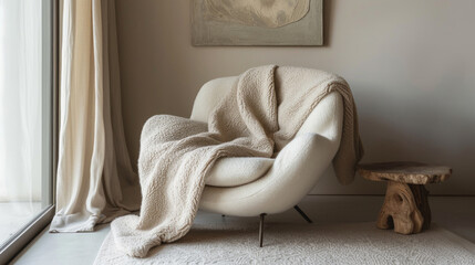 A luxuriously soft cashmere throw is artfully draped over a modern chair, creating an ambiance of relaxed sophistication, ideal for content related to interior design or fashion lifestyle spreads. - obrazy, fototapety, plakaty