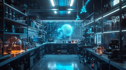 Futuristic laboratory event backdrop, high-tech equipment, sci-fi lab aesthetics, ideal for science experiments or tech showcases Generative AI - obrazy, fototapety, plakaty