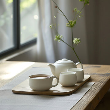 A pristine white porcelain tea set, complemented by delicate flora, on a wooden table against a soft-lit backdrop, for illustrating articles on mindfulness or marketing a luxury ceramics brand