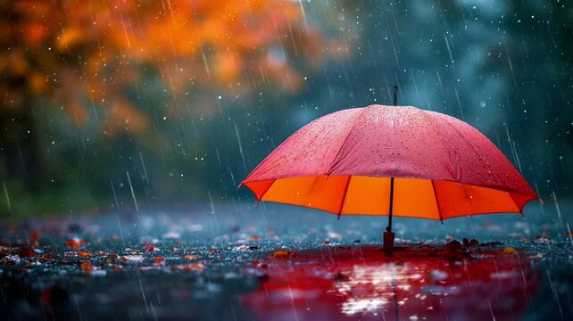 a red umbrella in the middle of heavy rain, looping video