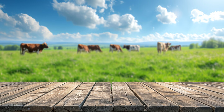 Empty wooden table top with grass field and cows background