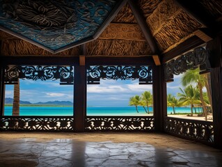 Blown-off-roof perspective reveals a vibrant beach stretching to the water, inspired by traditional arts of Africa, Oceania, and the Americas