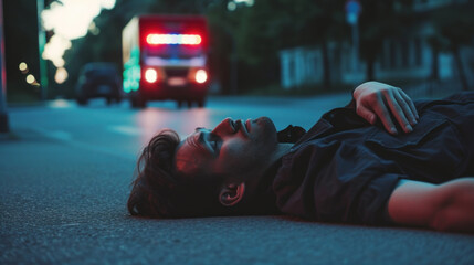 Young man lying unconscious on the street - health issues or drug abuse, ambulance is coming - obrazy, fototapety, plakaty