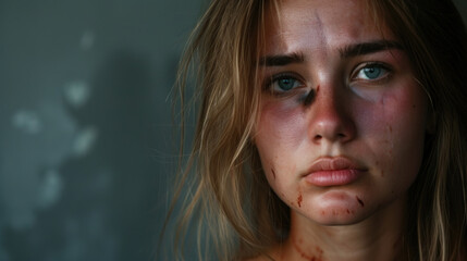 Young beautiful woman with facial injuries, domestic crime victim - obrazy, fototapety, plakaty