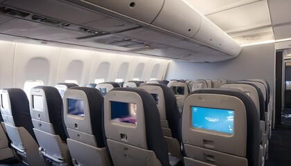 Fototapeta premium Airplane seats with LCD screens in the cabin.