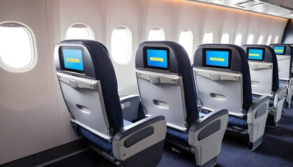 Airplane seats with LCD screens in the cabin.