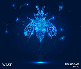 The hologram of the wasp. A wasp of polygons, triangles of points and lines. Wasp is a low-poly compound structure. Technology concept vector.
