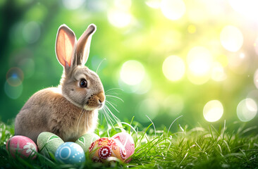 Fototapeta na wymiar Easter bunny with Easter eggs sitting in a garden