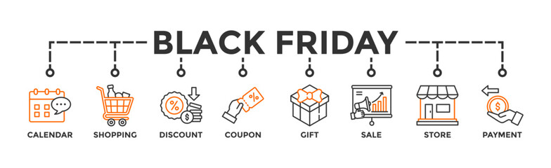 Black friday banner web icon vector illustration concept with icon of calendar, shopping, discount, coupon, gift, sale, store, payment