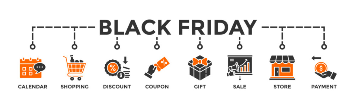 Black friday banner web icon vector illustration concept with icon of calendar, shopping, discount, coupon, gift, sale, store, payment