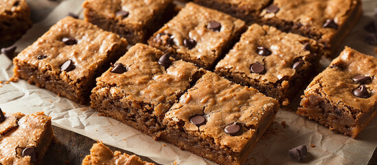 homemade blondies with chocolate chips cut into squares. - obrazy, fototapety, plakaty