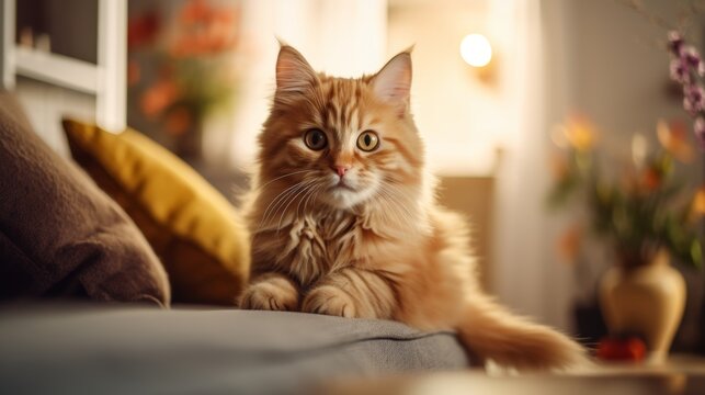 Cute cat indoors in a blurry living room background. A ginger cat is sitting on the floor in a cozy living room. Interior decor