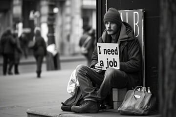 man on the street with a sign that says: I need a job - obrazy, fototapety, plakaty
