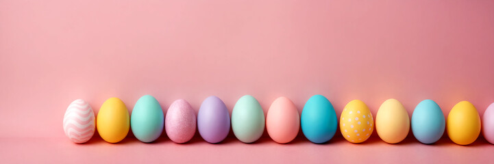 Fototapeta na wymiar Row of colorful easter eggs on pink background with copy space