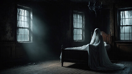 Scary ghost in the dark room - obrazy, fototapety, plakaty