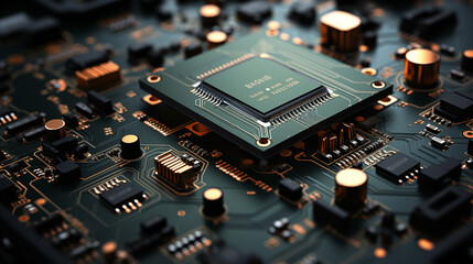 Fototapeta na wymiar Circuit board background. CPU chip on Motherboard. Abstract 3D render of a processor computer chip on a circuit board with microchips and other computer parts. Electronic circuit board close up.