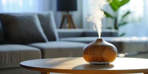 Humidifier on the table at home and spreading steam into the living room. Portable humidifier for clean air purification electric aroma diffuser. - obrazy, fototapety, plakaty