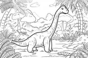 Brontosaurus Dinosaur Black White Linear Doodles Line Art Coloring Page, Kids Coloring Book