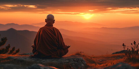 Bald senior buddhist monk sitting on a top of mountain in lotus pose meditation zen look at sunset or sunrise background. Serene warrior find spirituality and wellbeing. Mental health concept - obrazy, fototapety, plakaty