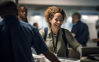 An airport employee checks passengers in at the check-in counter with a smile. 