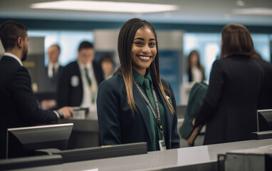 An airport employee checks passengers in at the check-in counter with a smile.  - obrazy, fototapety, plakaty