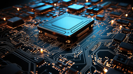Close-up of electronic circuit board PCB with components: processor, microchip, integrated circuits, capacitors, resistances and electronic connections are noted. High-quality macro photography.  - obrazy, fototapety, plakaty