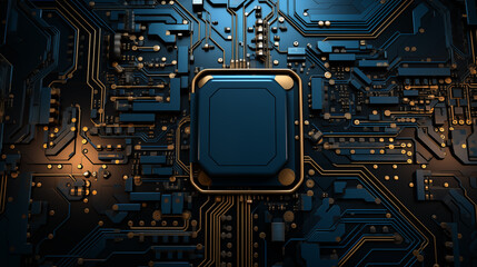 Fototapeta premium Electronic circuit board close up. Circuit board background. CPU chip on Motherboard. Abstract 3D render of a processor computer chip on a cicuit board with microchips and other computer parts. 