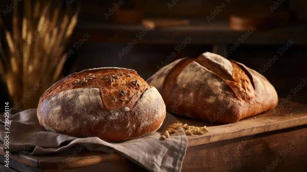 Poster Handcrafted whole wheat bread loaves, highlighting the texture of the crust and nutty aroma Generative AI