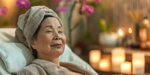 Crédence de cuisine en verre imprimé Spa Senior Asian adult woman lady in spa salon relaxing after taking massage treatment with her eyes closed. Care about yourself beauty treatment procedures concept. Body skin and hair care