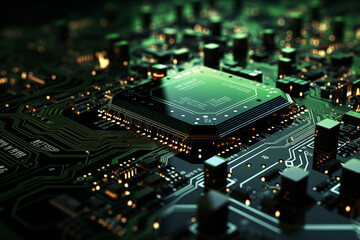 Electronic circuit board close up. Circuit board background. CPU chip on Motherboard. Abstract 3D render of a processor computer chip on a cicuit board with microchips and other computer parts. 