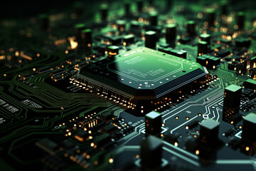 Obraz premium Electronic circuit board close up. Circuit board background. CPU chip on Motherboard. Abstract 3D render of a processor computer chip on a cicuit board with microchips and other computer parts. 
