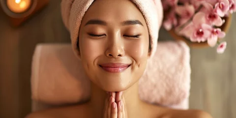 Crédence de cuisine en verre imprimé Spa Asian young woman in spa salon relaxing after taking massage treatment with her eyes closed. Care about yourself beauty treatment procedures concept. Body skin and hair care