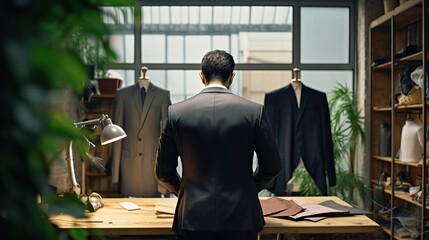 Back view business man in shop, suit tailor studio
