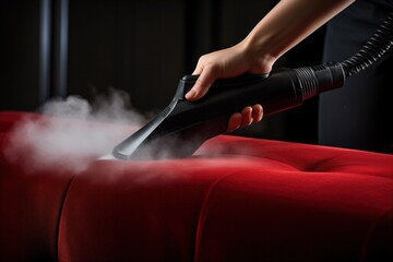 Close-up of a hand using a steam cleaner to sanitize and clean a vibrant red sofa, emphasizing hygiene and home care