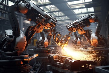 A dynamic scene within an industrial setting where multiple robotic arms are engaged in precision welding tasks, with sparks flying as they work on metal components